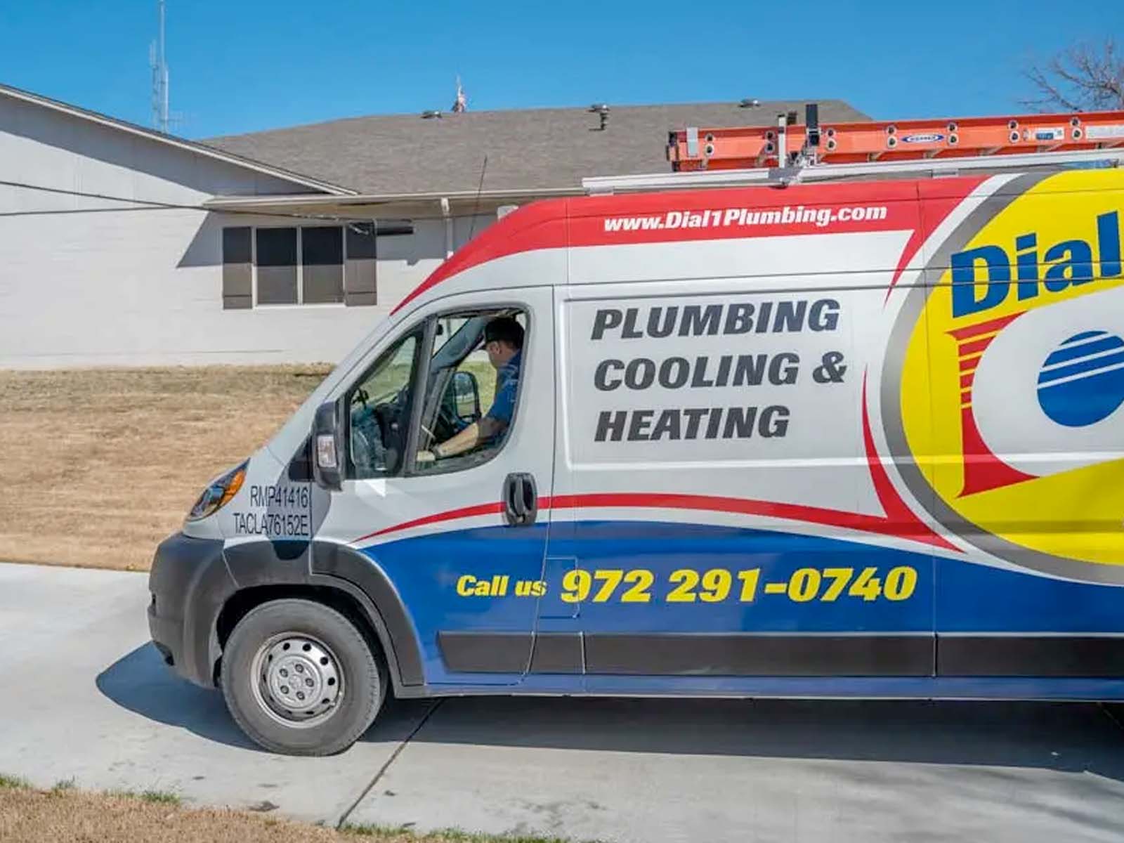 Dial One Johnson Plumbing, Cooling and Heating service van parked outside a home